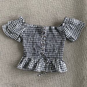Checkered ruffle top with lace up front